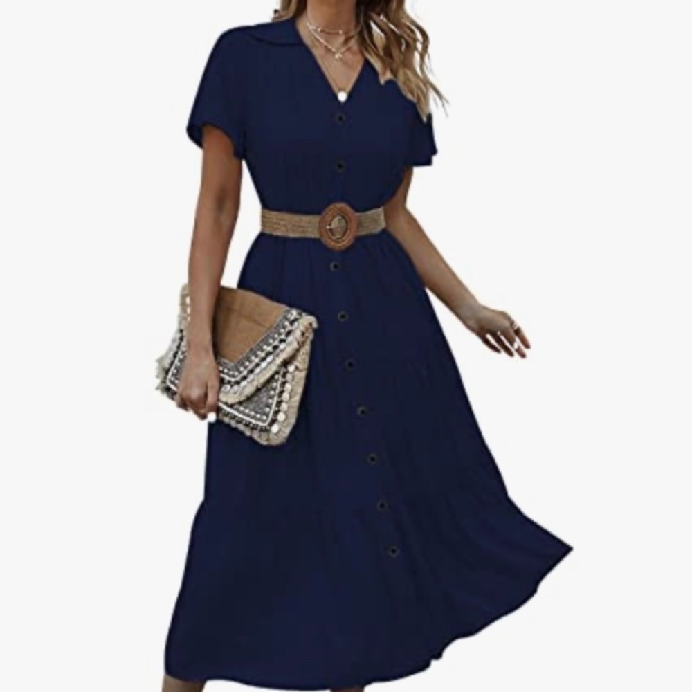 New Women’s Flowy A-line Dress Short Sleeve Tiered Button Front Collar Navy Sml